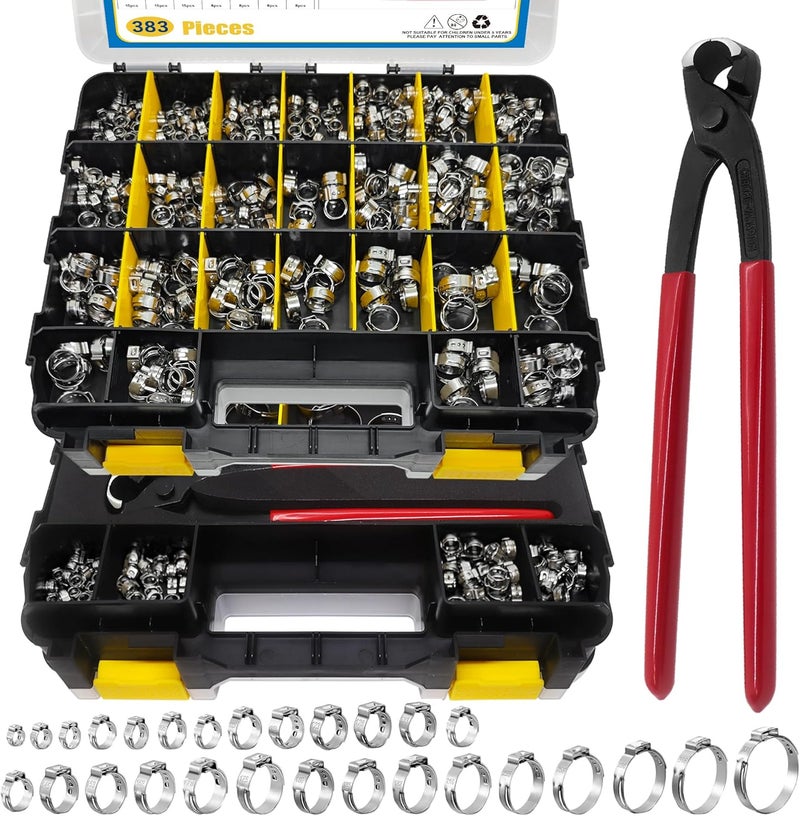 Easily 383PCS 28 Sizes Single Ear Hose Clamps, 304 Stainless Steel Ear Clamps, 5.3-33.1mm Stepless Adjustable Cinch Clamps for Automotive, Home Appliance Line and Plumbing, Double Sided Organizer - Image 1
